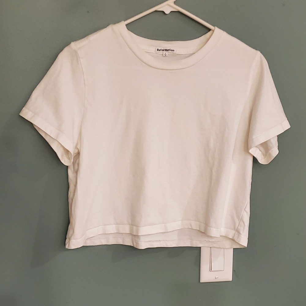 Reformation White Organic Cotton Short Sleeve T Shirt Cropped Womens L USA Made